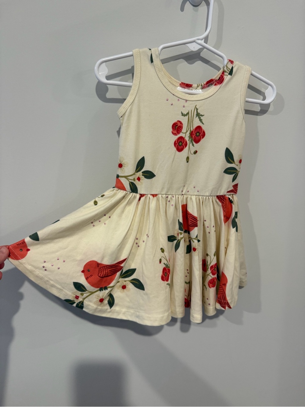 Dot Dot Smile Cream Dress with Red Bird & Green Leaf Print